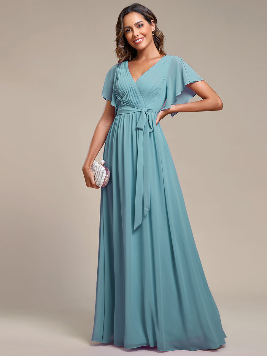 V-Neck Flutter Sleeve Floor-Length A-Line Chiffon Evening Dress #color_Dusty Blue