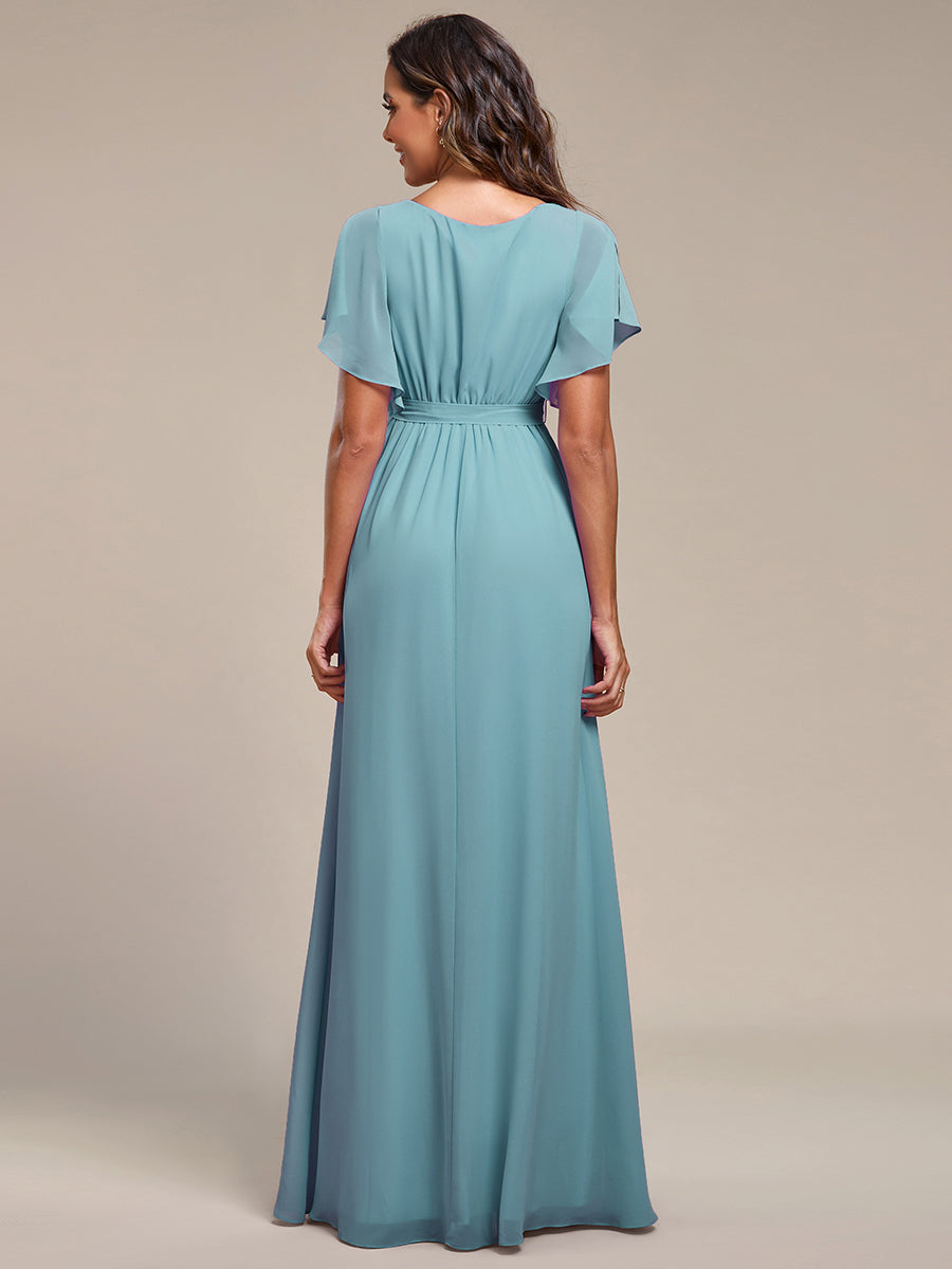 V-Neck Flutter Sleeve Floor-Length A-Line Chiffon Evening Dress #color_Dusty Blue