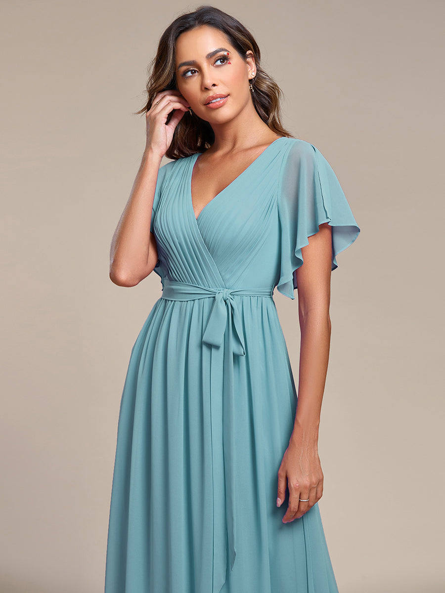 V-Neck Flutter Sleeve Floor-Length A-Line Chiffon Evening Dress #color_Dusty Blue