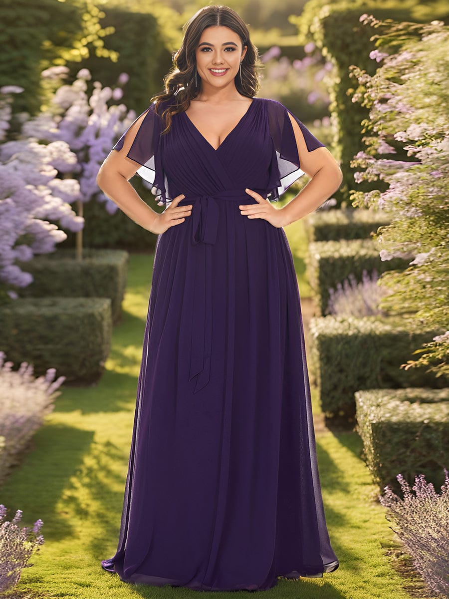 Plus Size Floor-Length Chiffon Evening Dress V-Neck Maxi #color_Dark Purple