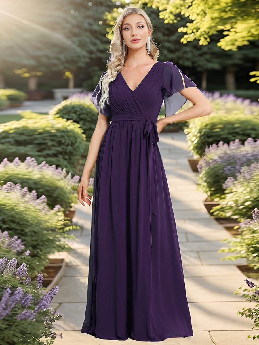 V-Neck Flutter Sleeve Floor-Length A-Line Chiffon Evening Dress #color_Dark Purple