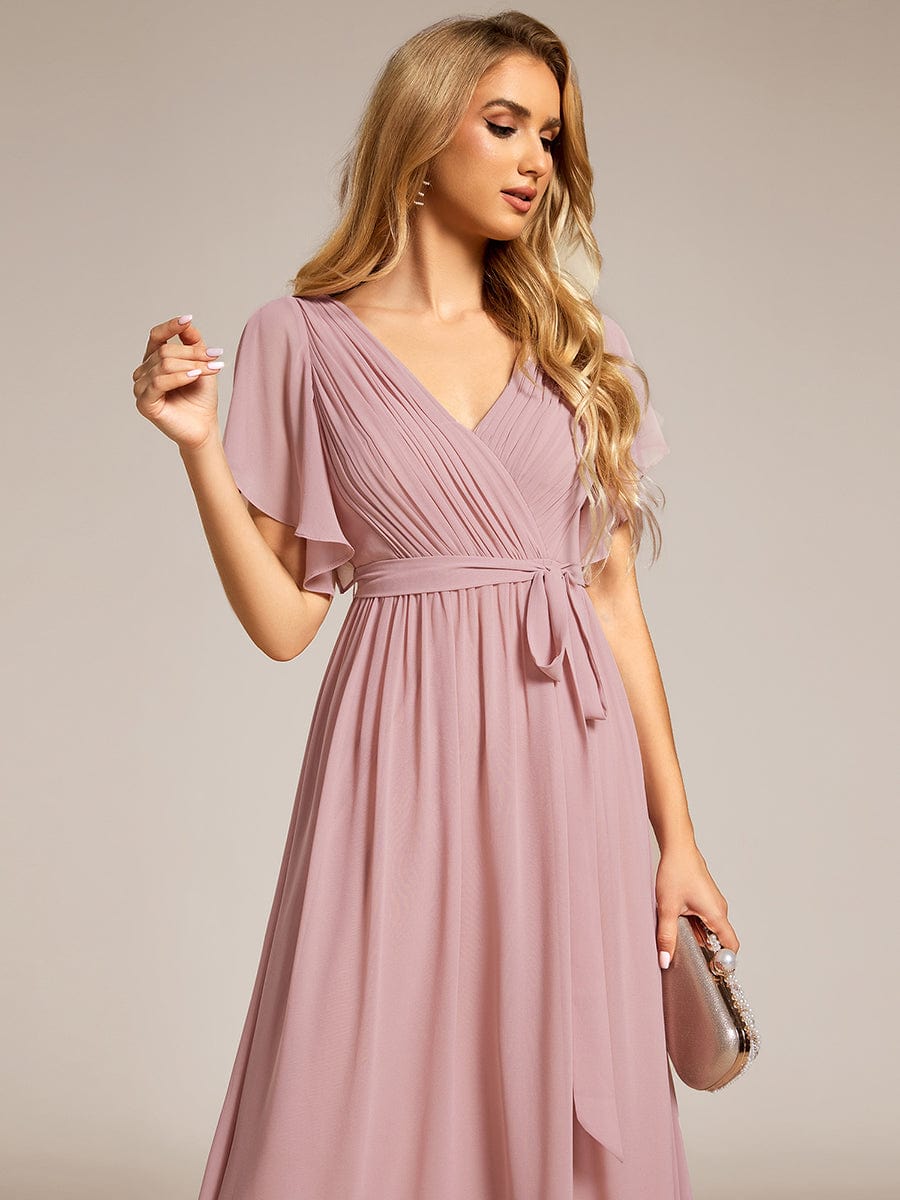 V-Neck Flutter Sleeve Floor-Length A-Line Chiffon Evening Dress #color_Dusty Rose