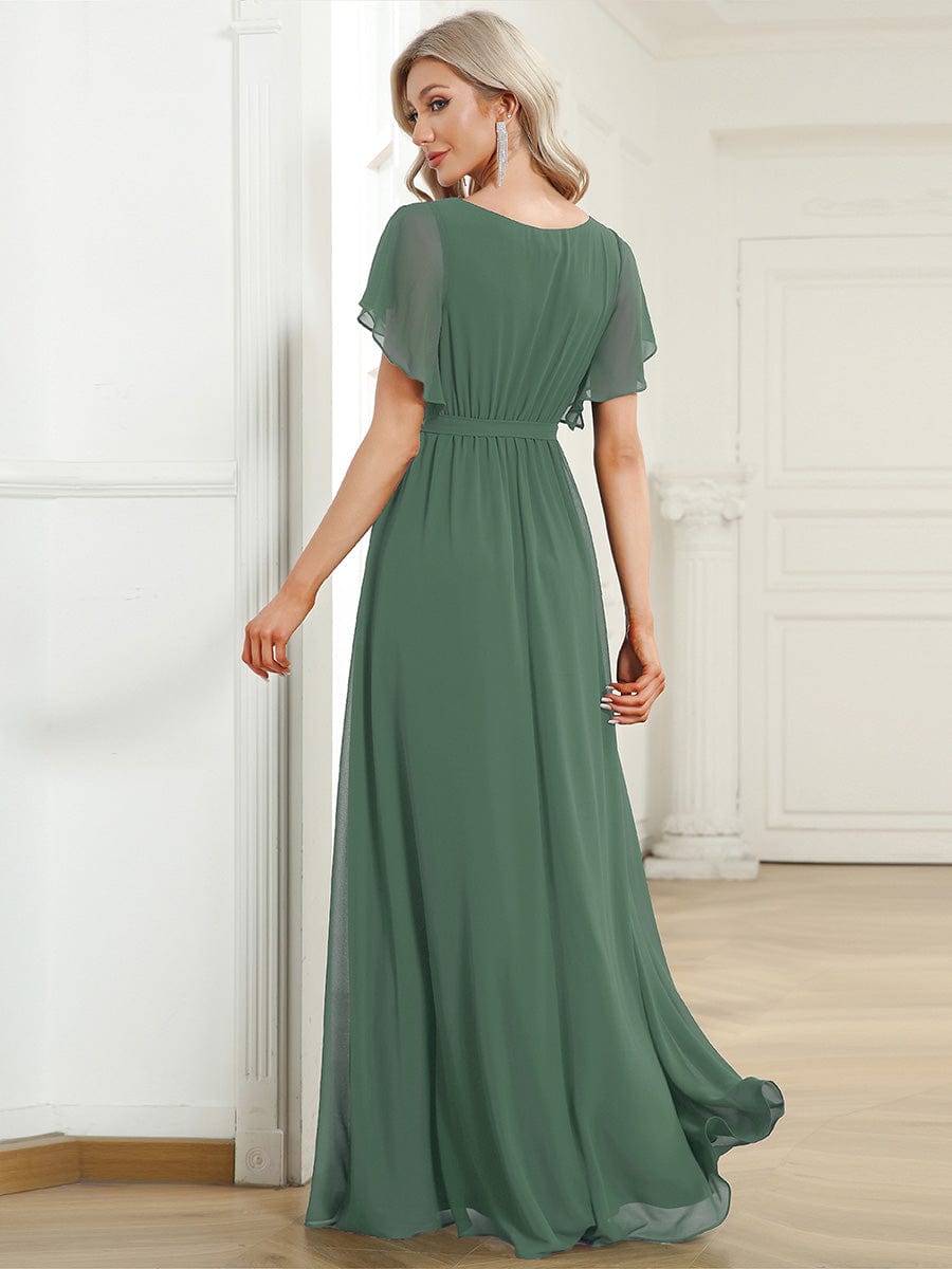 Chiffon Pleated V-Neck Flutter Sleeve Maxi Bridesmaid Dress In Sage Green #color_Eucalyptus Green