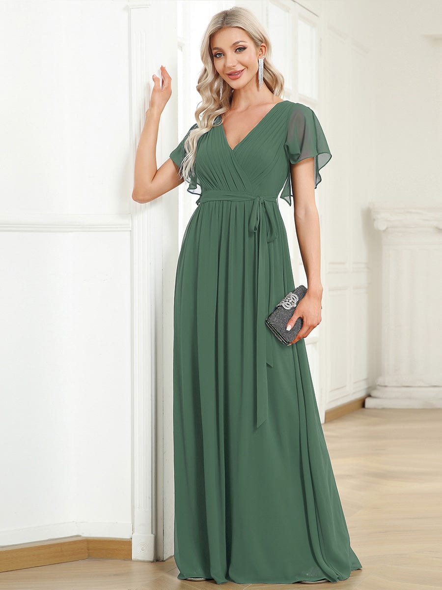 Chiffon Pleated V-Neck Flutter Sleeve Maxi Bridesmaid Dress In Sage Green #color_Eucalyptus Green