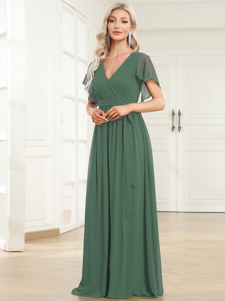 Chiffon Pleated V-Neck Flutter Sleeve Maxi Bridesmaid Dress In Sage Green #color_Eucalyptus Green