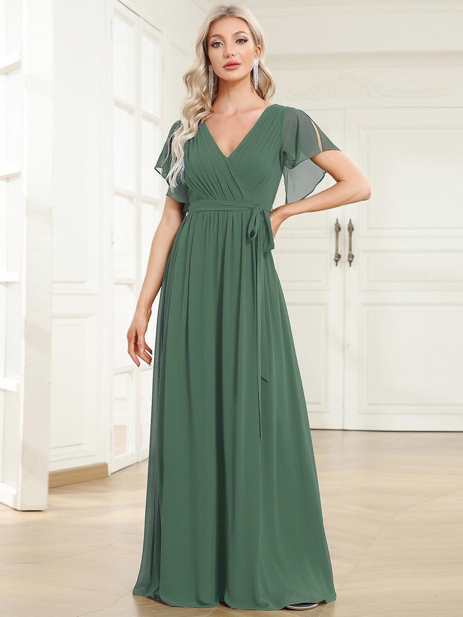 V-Neck Flutter Sleeve Floor-Length A-Line Chiffon Evening Dress #color_Eucalyptus Green