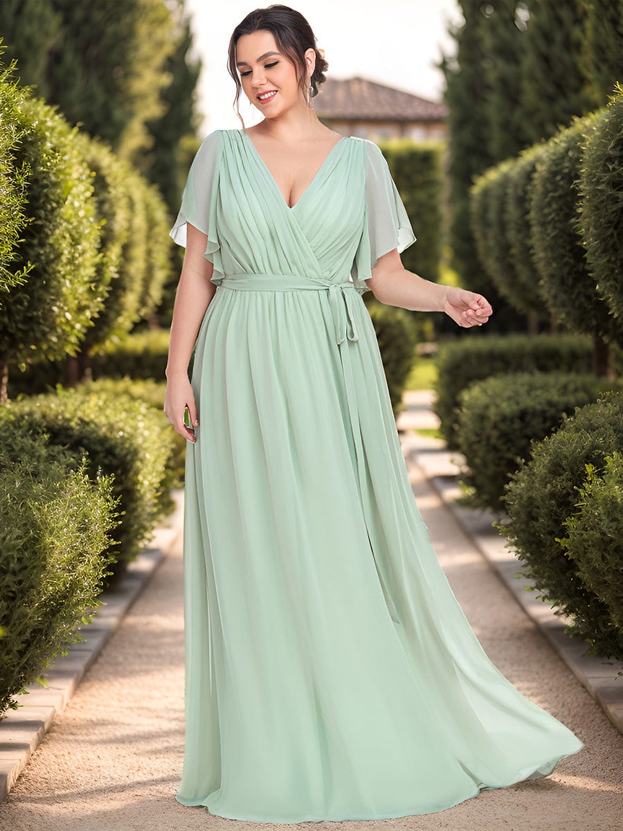 Plus Size Floor-Length Chiffon Evening Dress V-Neck Maxi #color_Mint Green