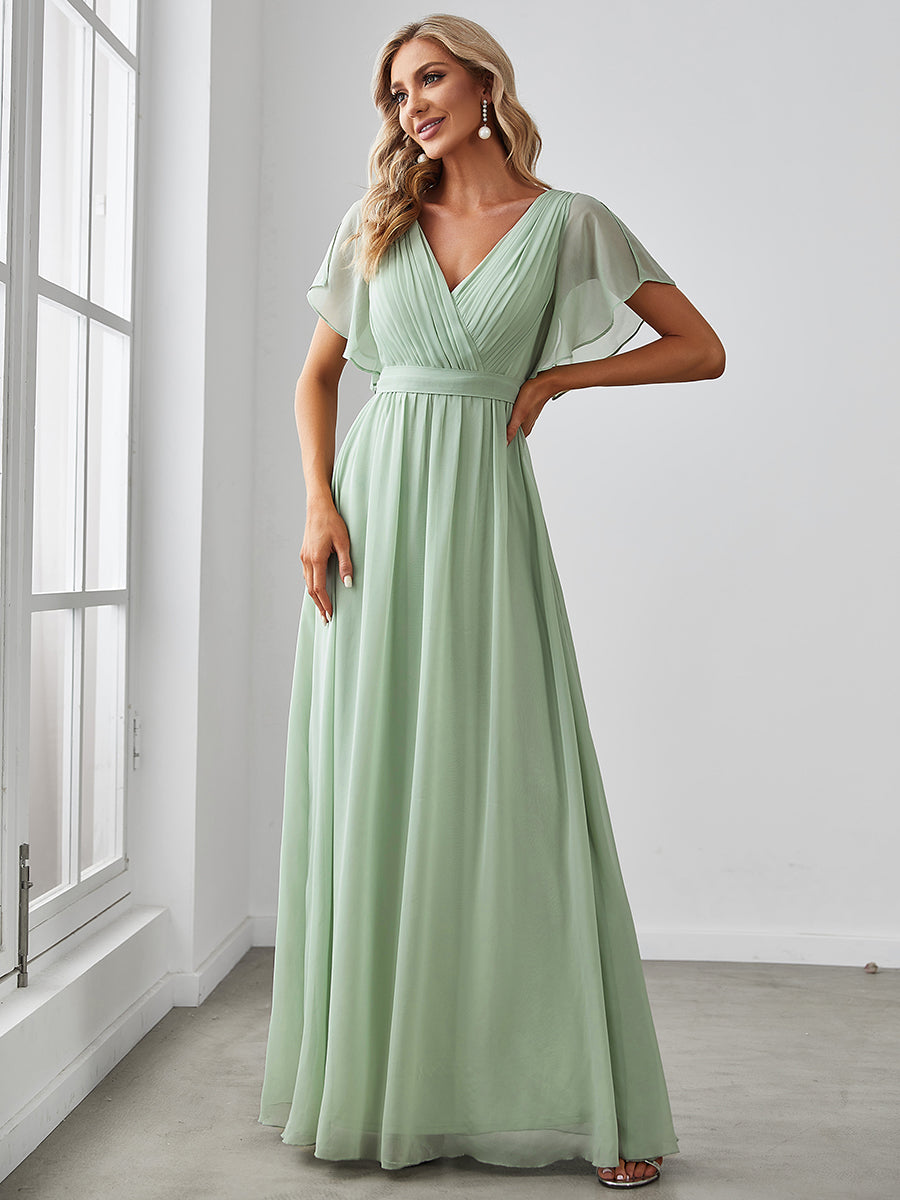 Chiffon Pleated V-Neck Flutter Sleeve Maxi Bridesmaid Dress In Sage Green #color_Sage Green