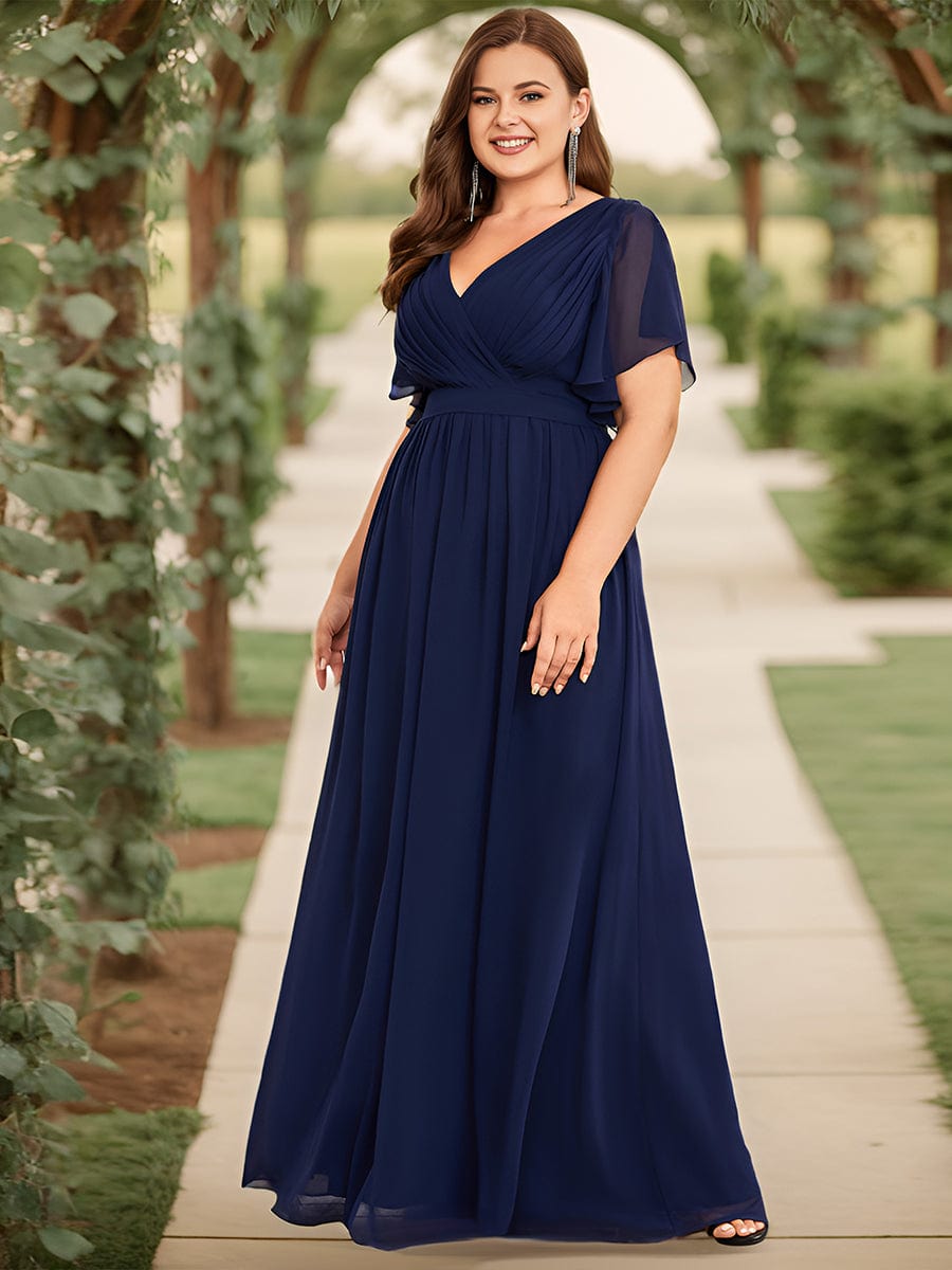V-Neck Flutter Sleeve Floor-Length A-Line Chiffon Evening Dress #color_Navy Blue