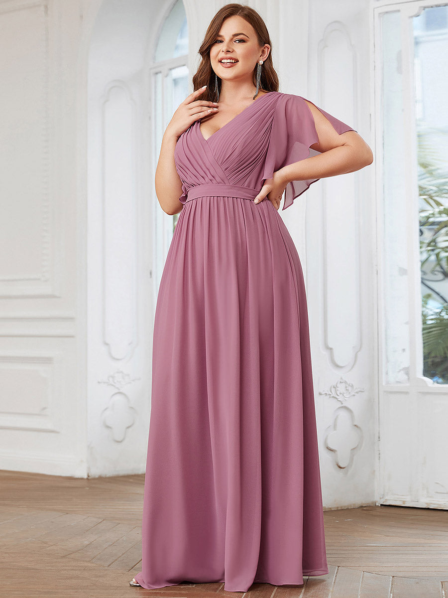 V-Neck Flutter Sleeve Floor-Length A-Line Chiffon Evening Dress #color_Purple Orchid