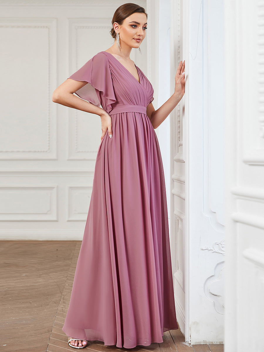 V-Neck Flutter Sleeve Floor-Length A-Line Chiffon Evening Dress #color_Purple Orchid