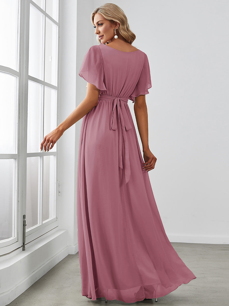 V-Neck Flutter Sleeve Floor-Length A-Line Chiffon Evening Dress #color_Purple Orchid