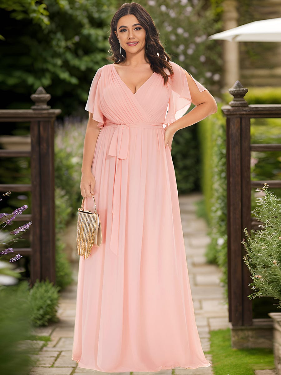 Plus Size Floor-Length Chiffon Evening Dress V-Neck Maxi #color_Pink