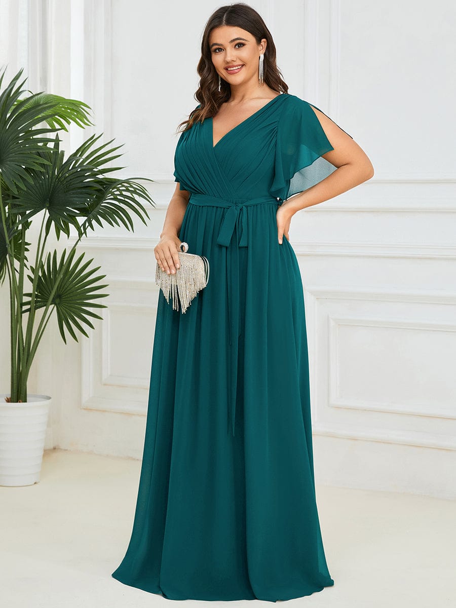 V-Neck Flutter Sleeve Floor-Length A-Line Chiffon Evening Dress #color_Teal