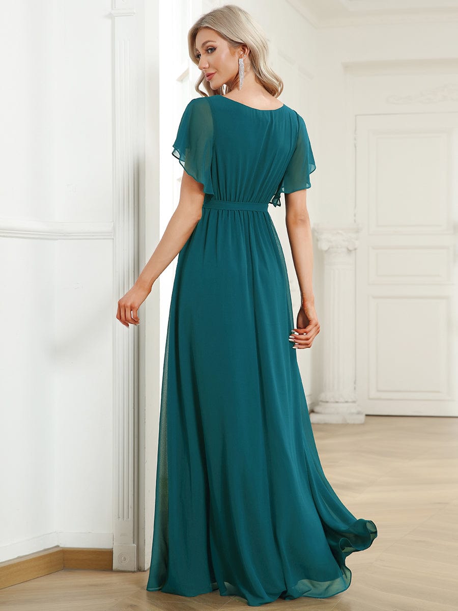 V-Neck Flutter Sleeve Floor-Length A-Line Chiffon Evening Dress #color_Teal