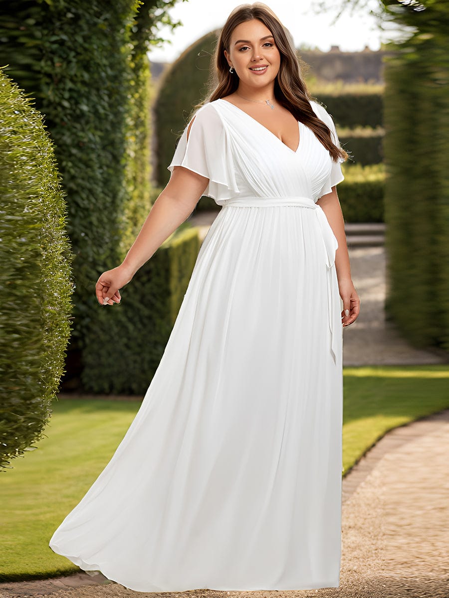 V-Neck Flutter Sleeve Floor-Length A-Line Chiffon Evening Dress #color_White