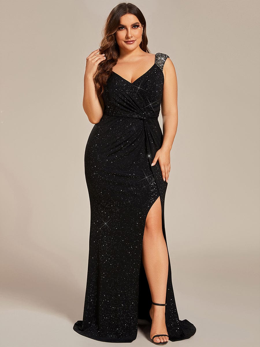 Elegant V Neck High Slit Plus Size Sequin Evening Dress #color_Black