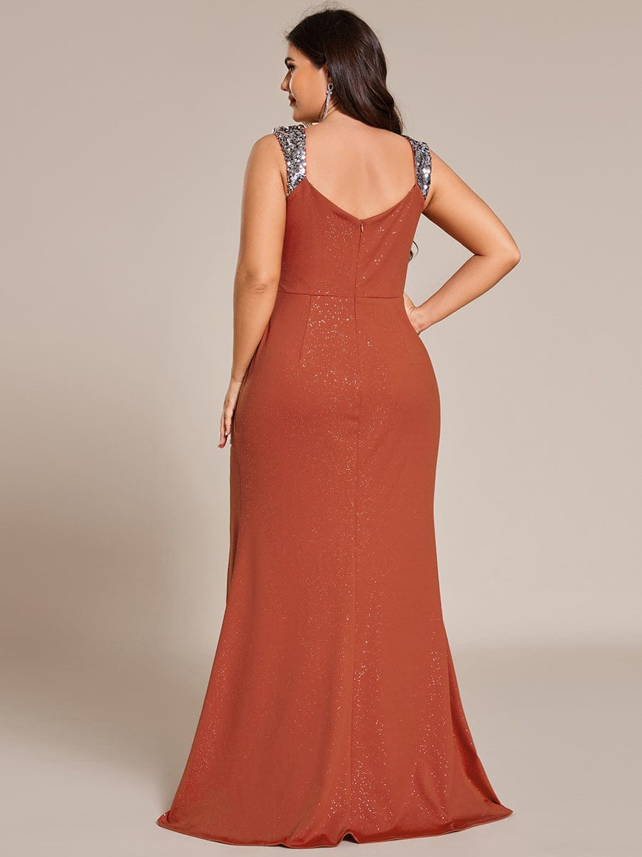 Elegant Sequin V Neck High Slit Evening Dress #color_Burnt Orange