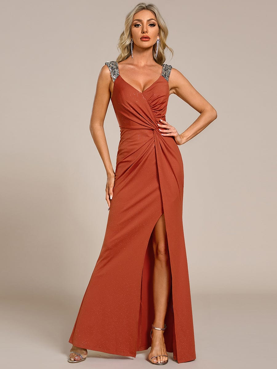 Elegant Sequin V Neck High Slit Evening Dress #color_Burnt Orange