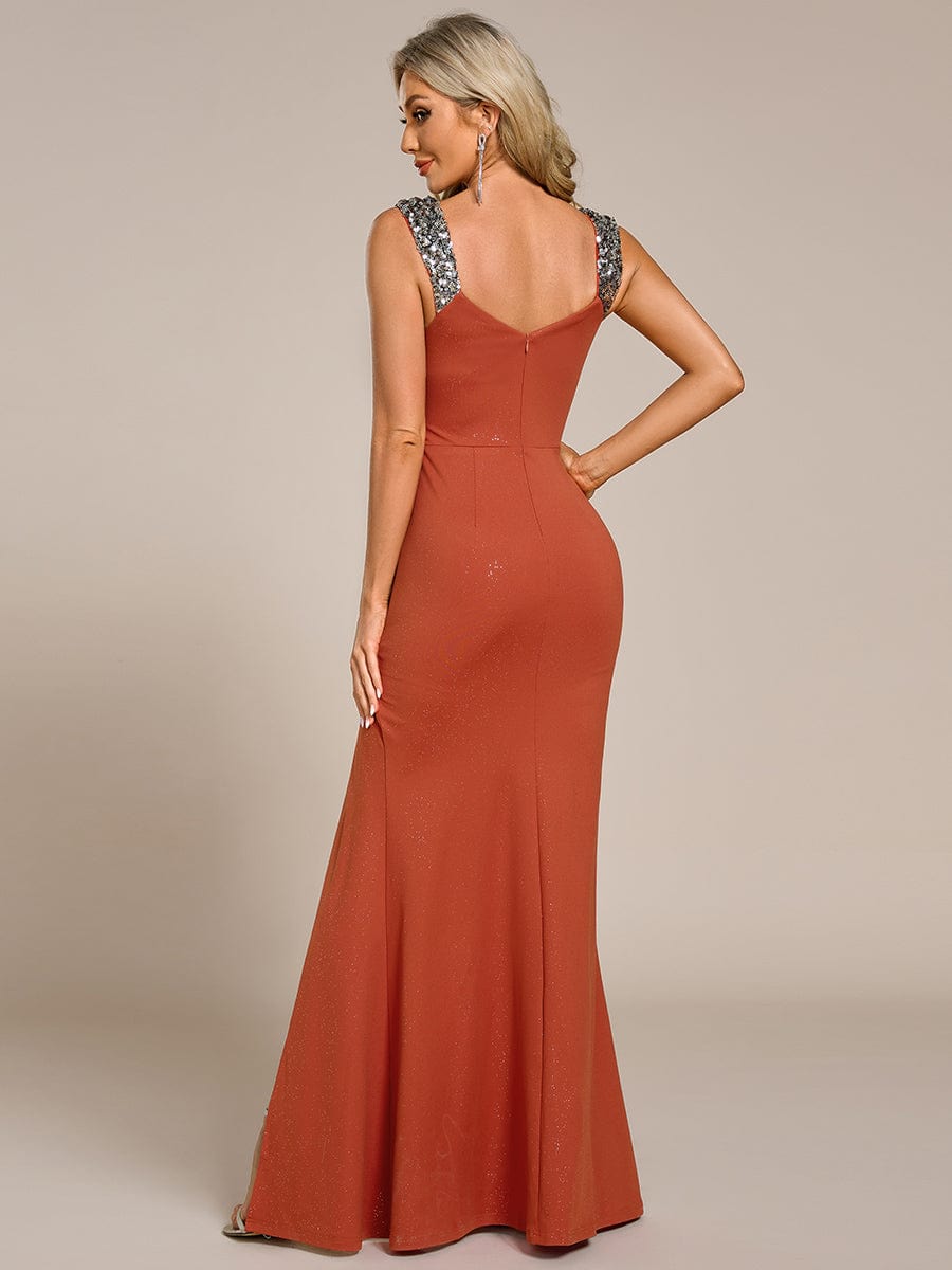 Elegant Sequin V Neck High Slit Evening Dress #color_Burnt Orange