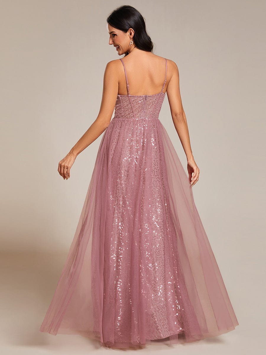 Elegant Sequin Spaghetti Strap A-Line Evening Dress #color_Purple Orchid