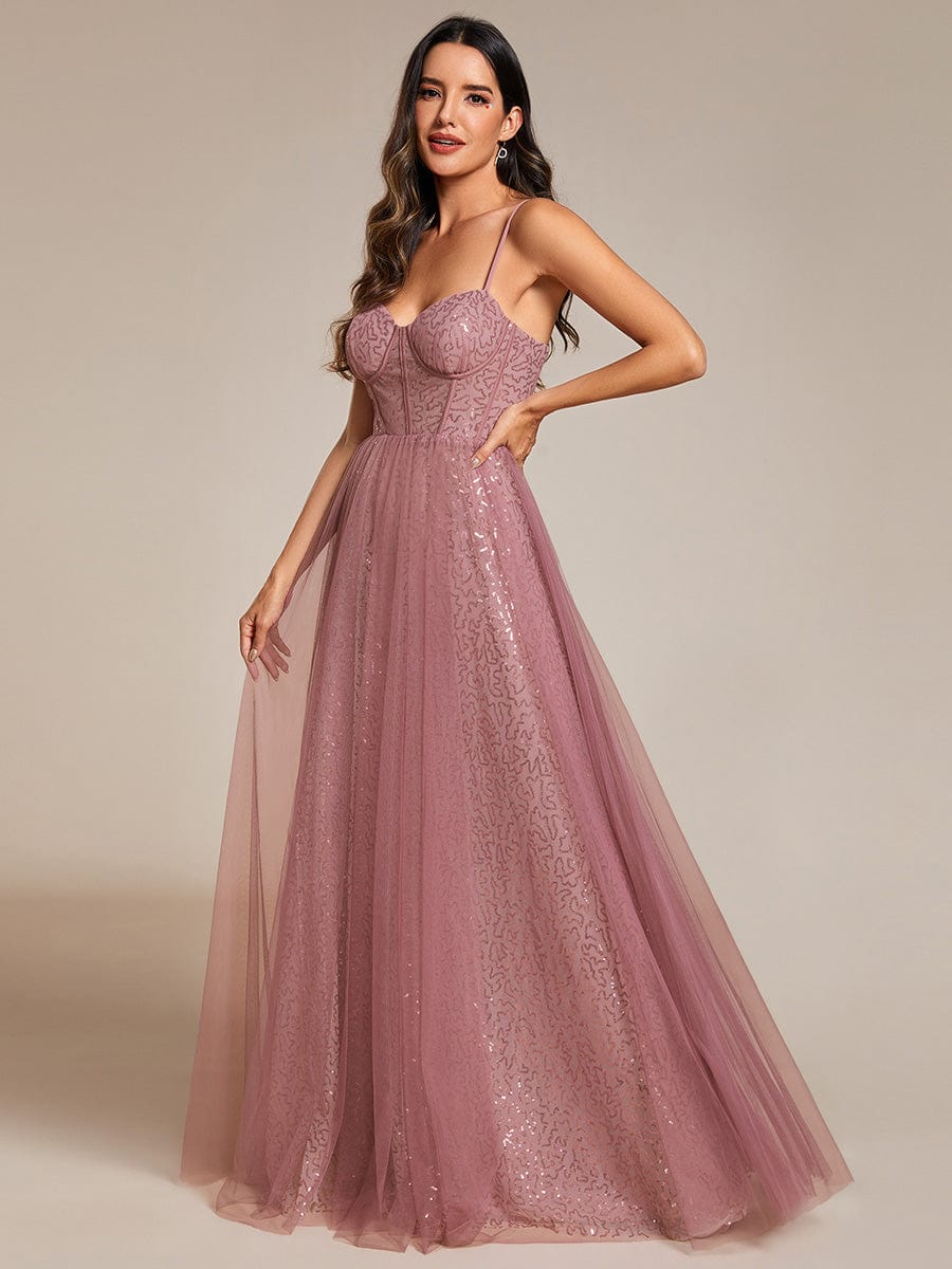 Elegant Sequin Spaghetti Strap A-Line Evening Dress #color_Purple Orchid