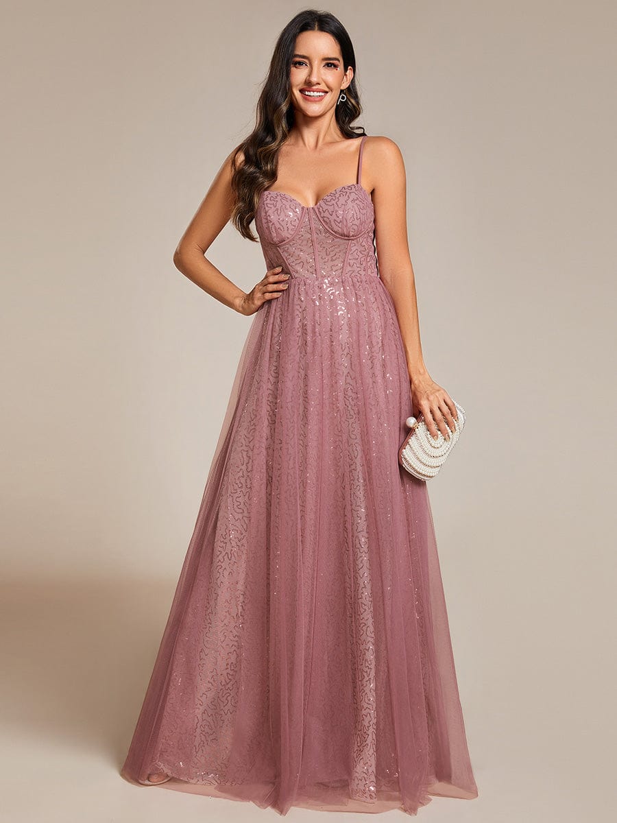 Elegant Sequin Spaghetti Strap A-Line Evening Dress #color_Purple Orchid