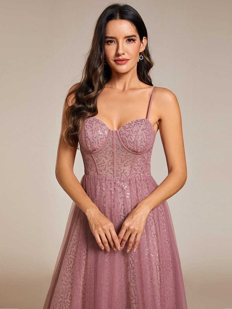 Elegant Sequin Spaghetti Strap A-Line Evening Dress #color_Purple Orchid