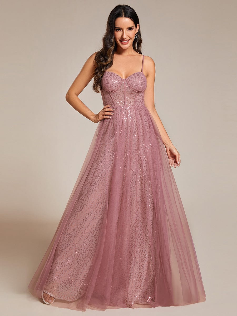 Elegant Sequin Spaghetti Strap A-Line Evening Dress #color_Purple Orchid