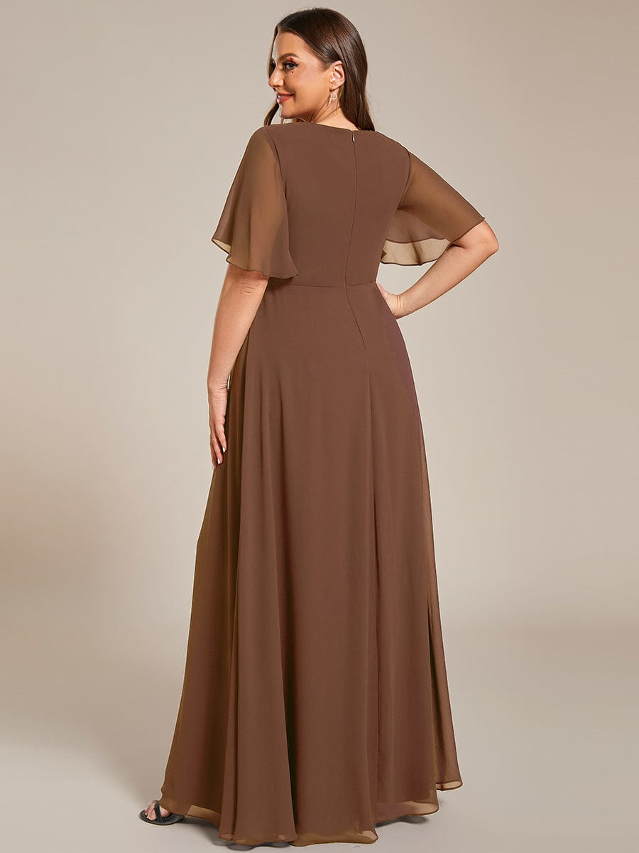 Elegant Chiffon Applique Evening Dress with Flutter Sleeves #color_Brown