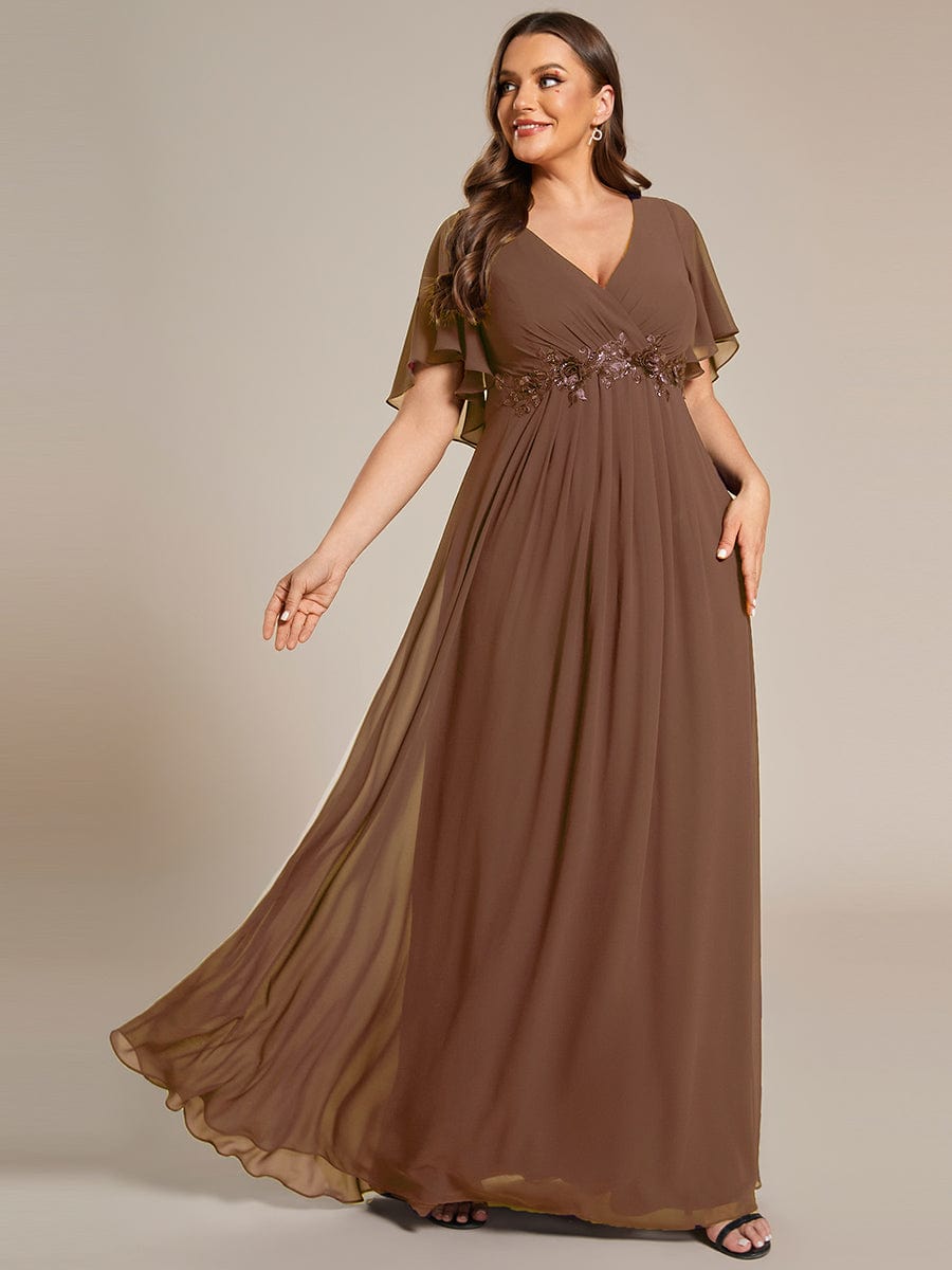 Elegant Chiffon Applique Evening Dress with Flutter Sleeves #color_Brown