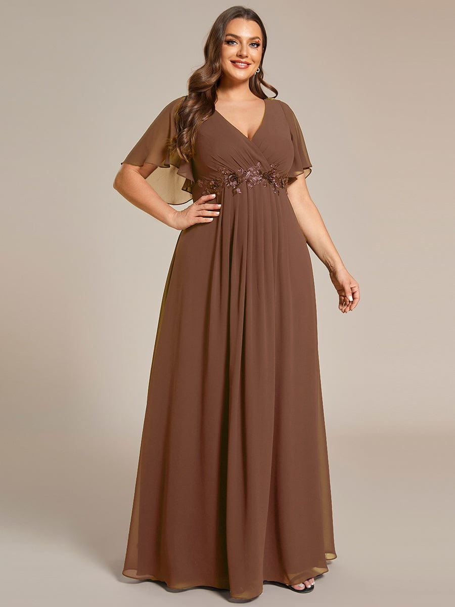 Elegant Chiffon Applique Evening Dress with Flutter Sleeves #color_Brown