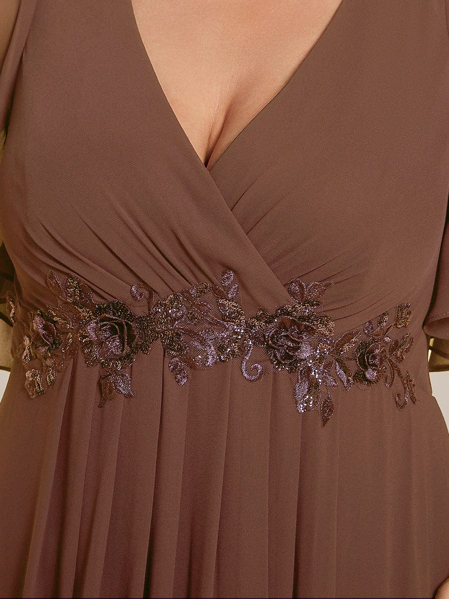 Elegant Chiffon Applique Evening Dress with Flutter Sleeves #color_Brown