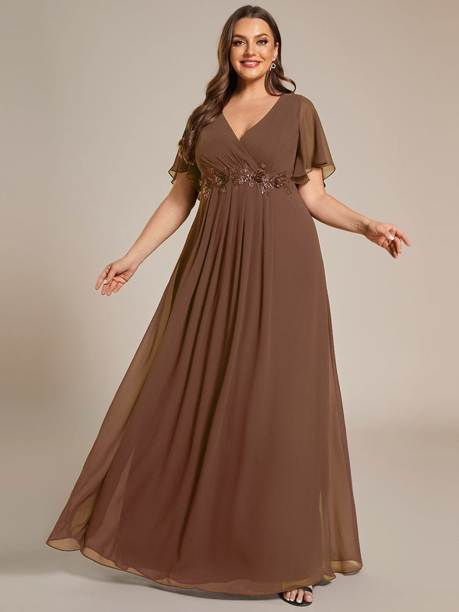 Elegant Chiffon Applique Evening Dress with Flutter Sleeves #color_Brown