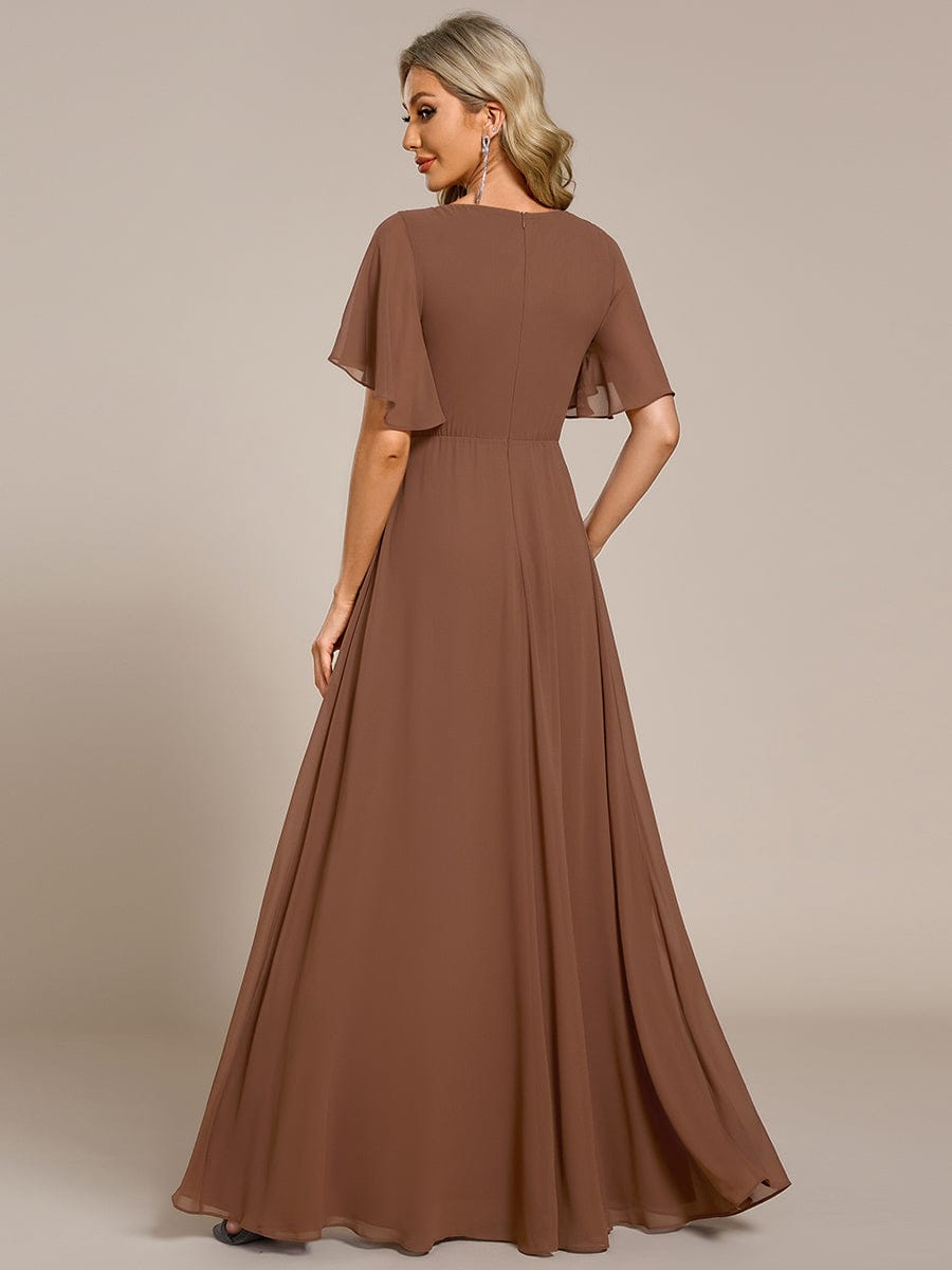 Elegant Chiffon Applique Evening Dress with Flutter Sleeves #color_Brown