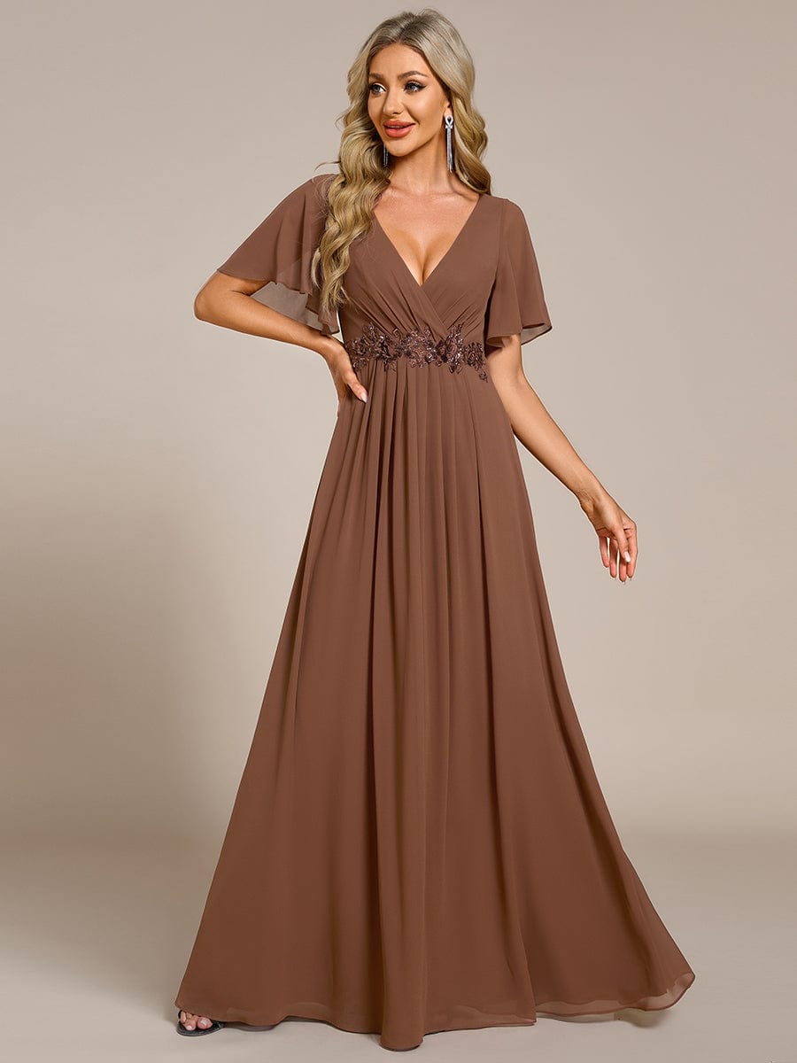 Elegant Chiffon Applique Evening Dress with Flutter Sleeves #color_Brown