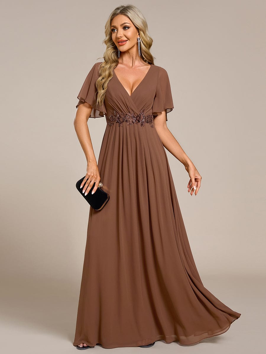 Elegant Chiffon Applique Evening Dress with Flutter Sleeves #color_Brown