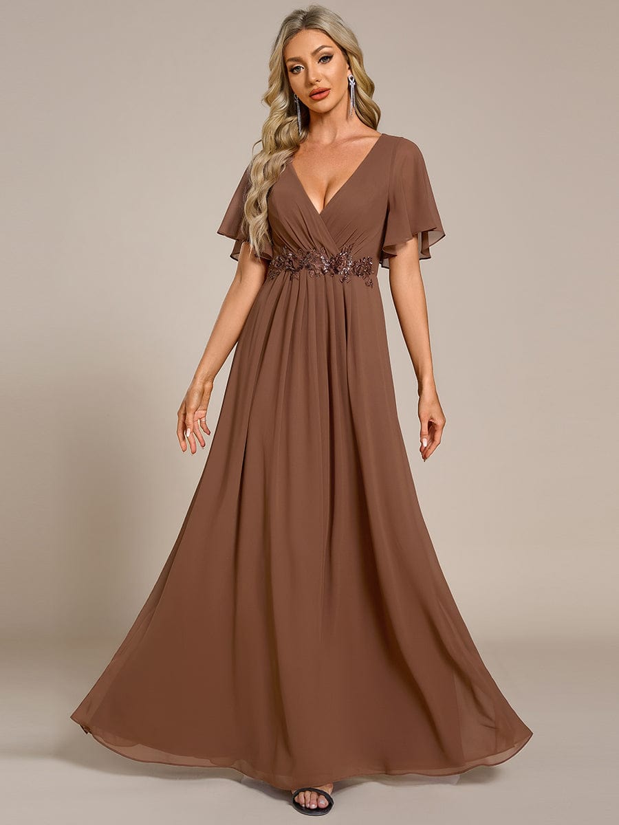 Elegant Chiffon Applique Evening Dress with Flutter Sleeves #color_Brown