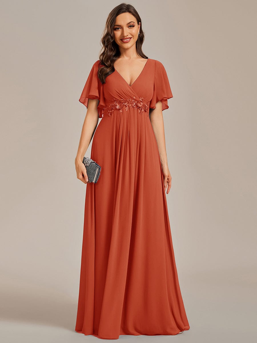 Elegant Chiffon Applique Evening Dress with Flutter Sleeves #color_Burnt Orange