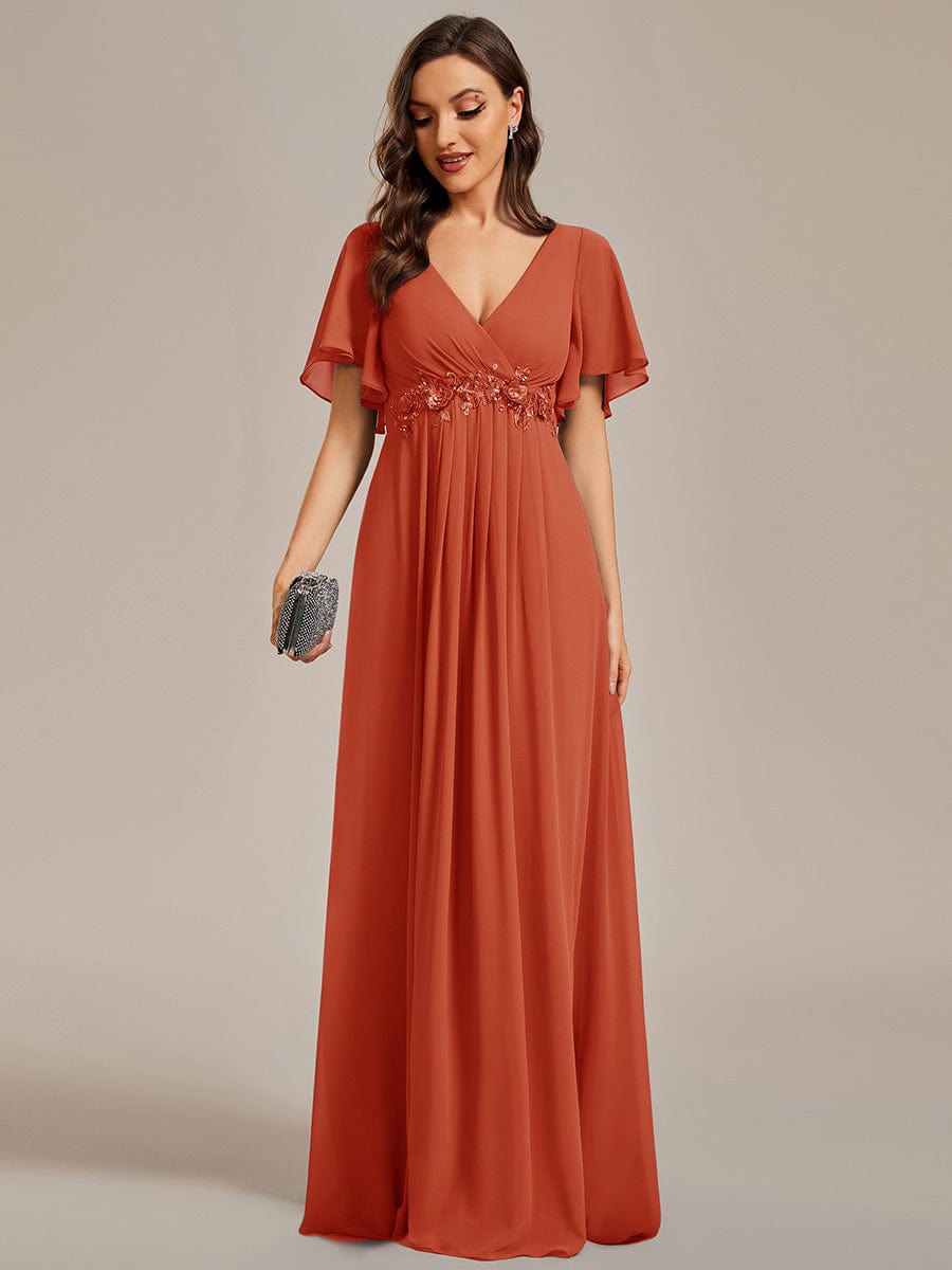 Elegant Chiffon Applique Evening Dress with Flutter Sleeves #color_Burnt Orange