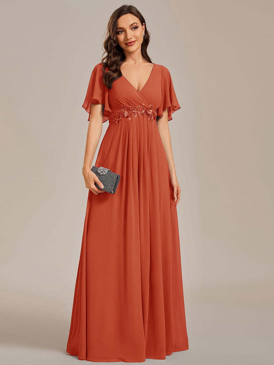 Elegant Chiffon Applique Evening Dress with Flutter Sleeves #color_Burnt Orange