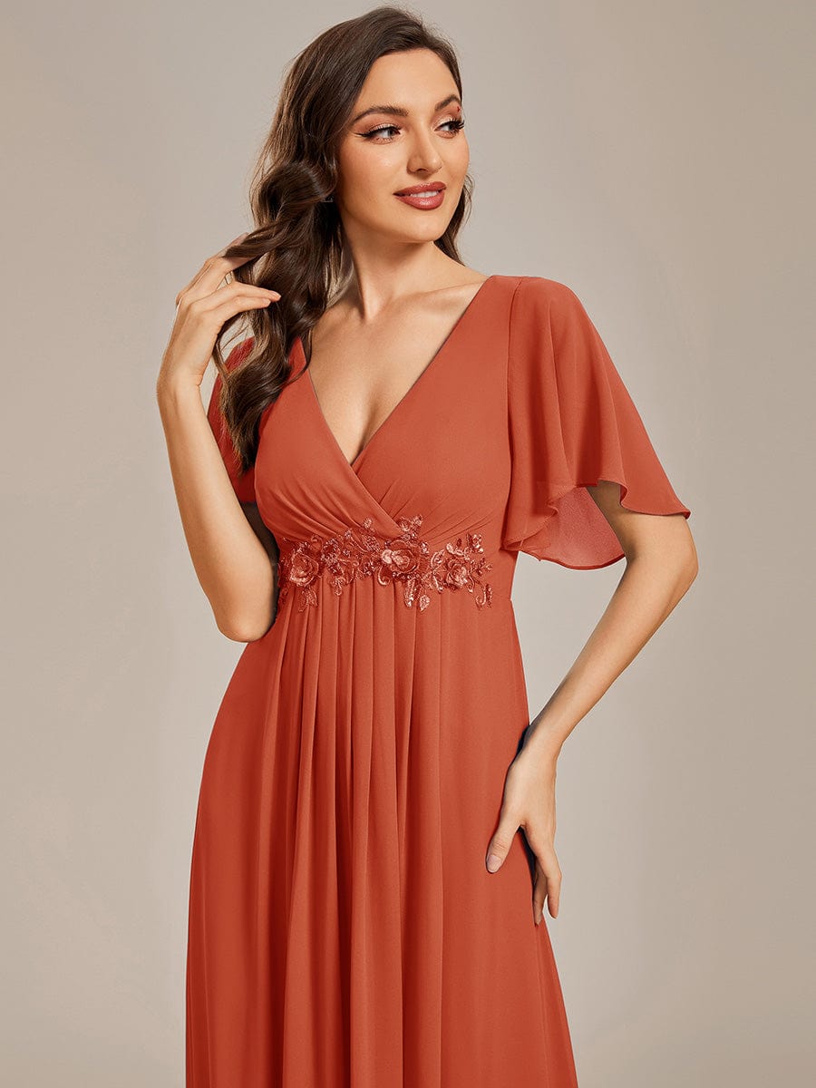 Elegant Chiffon Applique Evening Dress with Flutter Sleeves #color_Burnt Orange