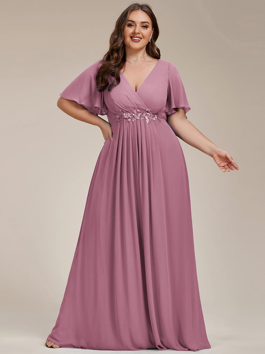 Elegant Chiffon Applique Evening Dress with Flutter Sleeves #color_Purple Orchid