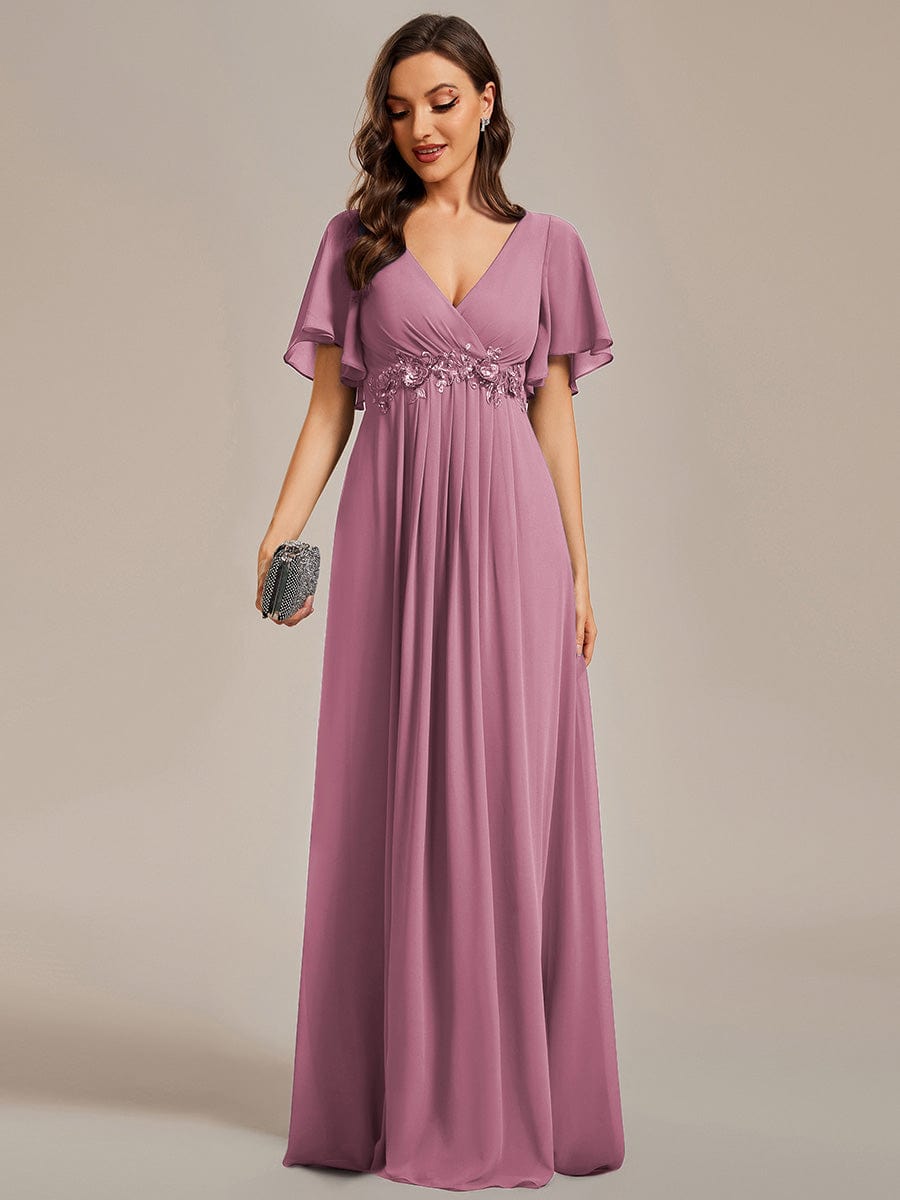 Elegant Chiffon Applique Evening Dress with Flutter Sleeves #color_Purple Orchid