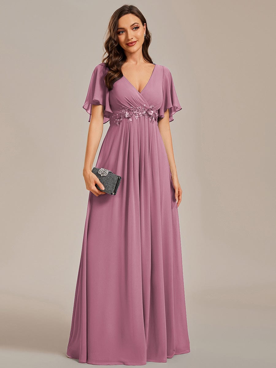 Elegant Chiffon Applique Evening Dress with Flutter Sleeves #color_Purple Orchid