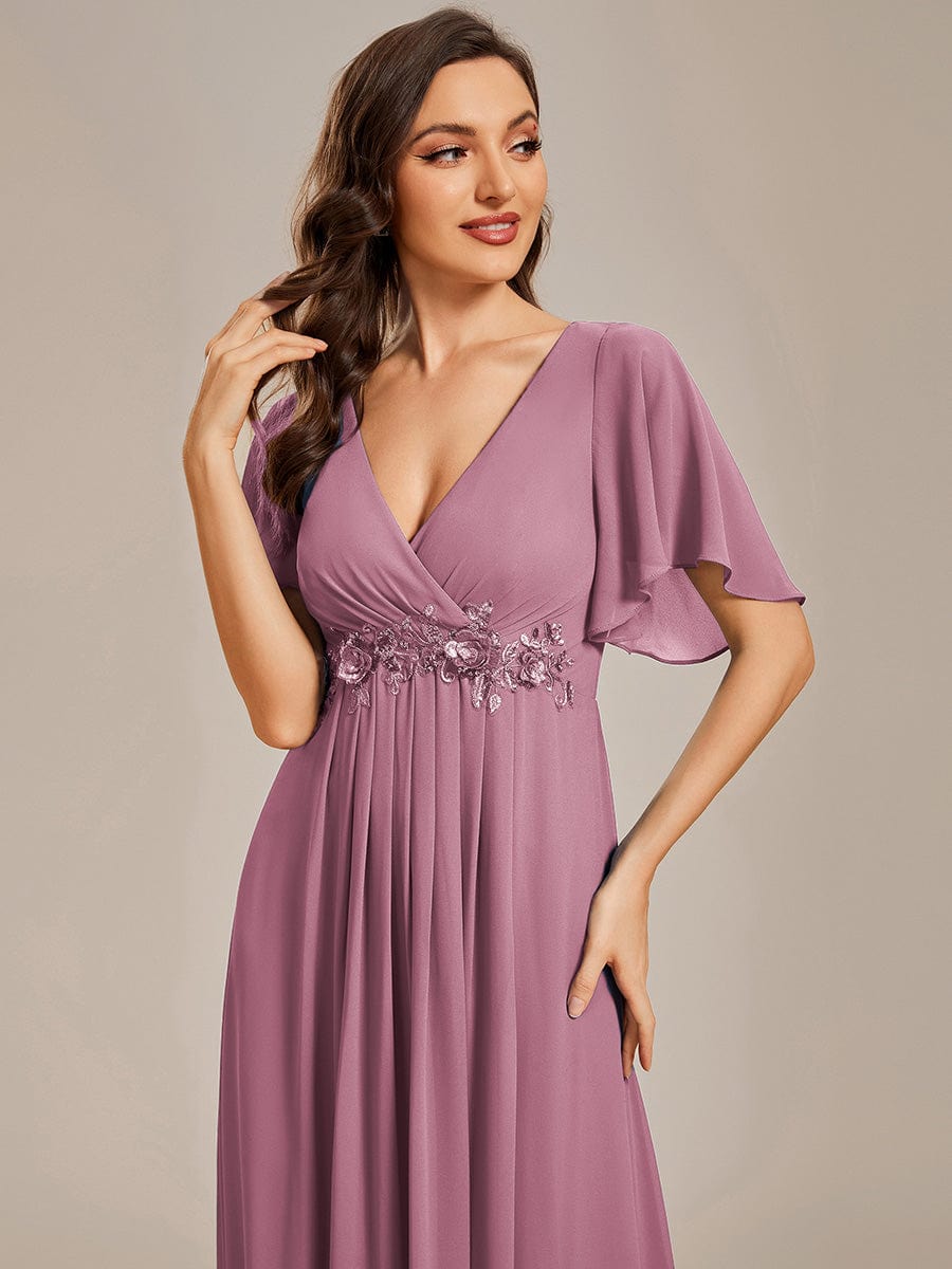 Elegant Chiffon Applique Evening Dress with Flutter Sleeves #color_Purple Orchid