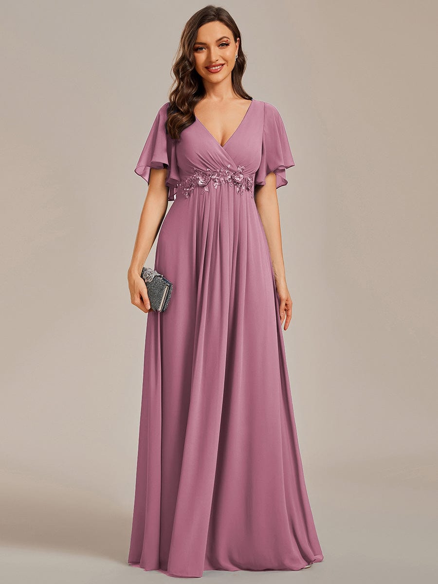 Elegant Chiffon Applique Evening Dress with Flutter Sleeves #color_Purple Orchid