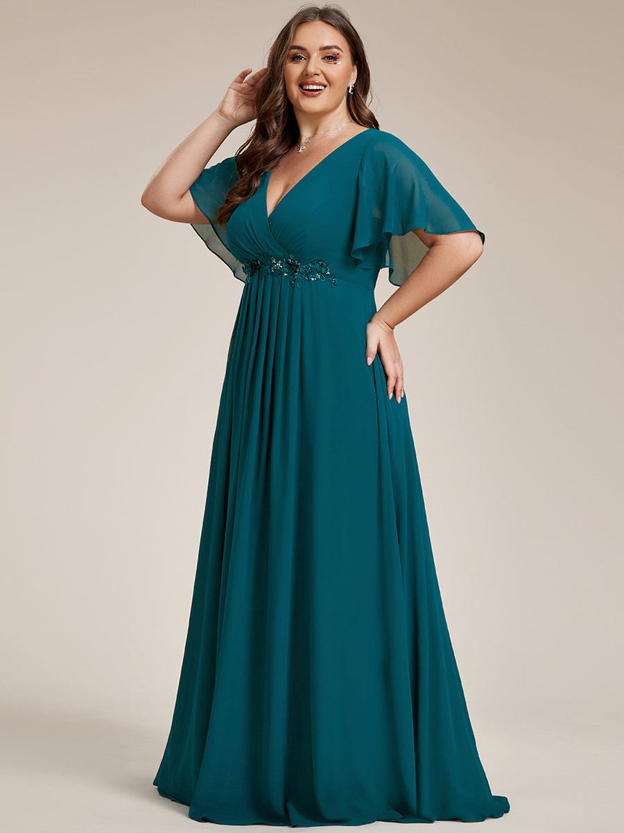 Elegant Chiffon Applique Evening Dress with Flutter Sleeves #color_Teal