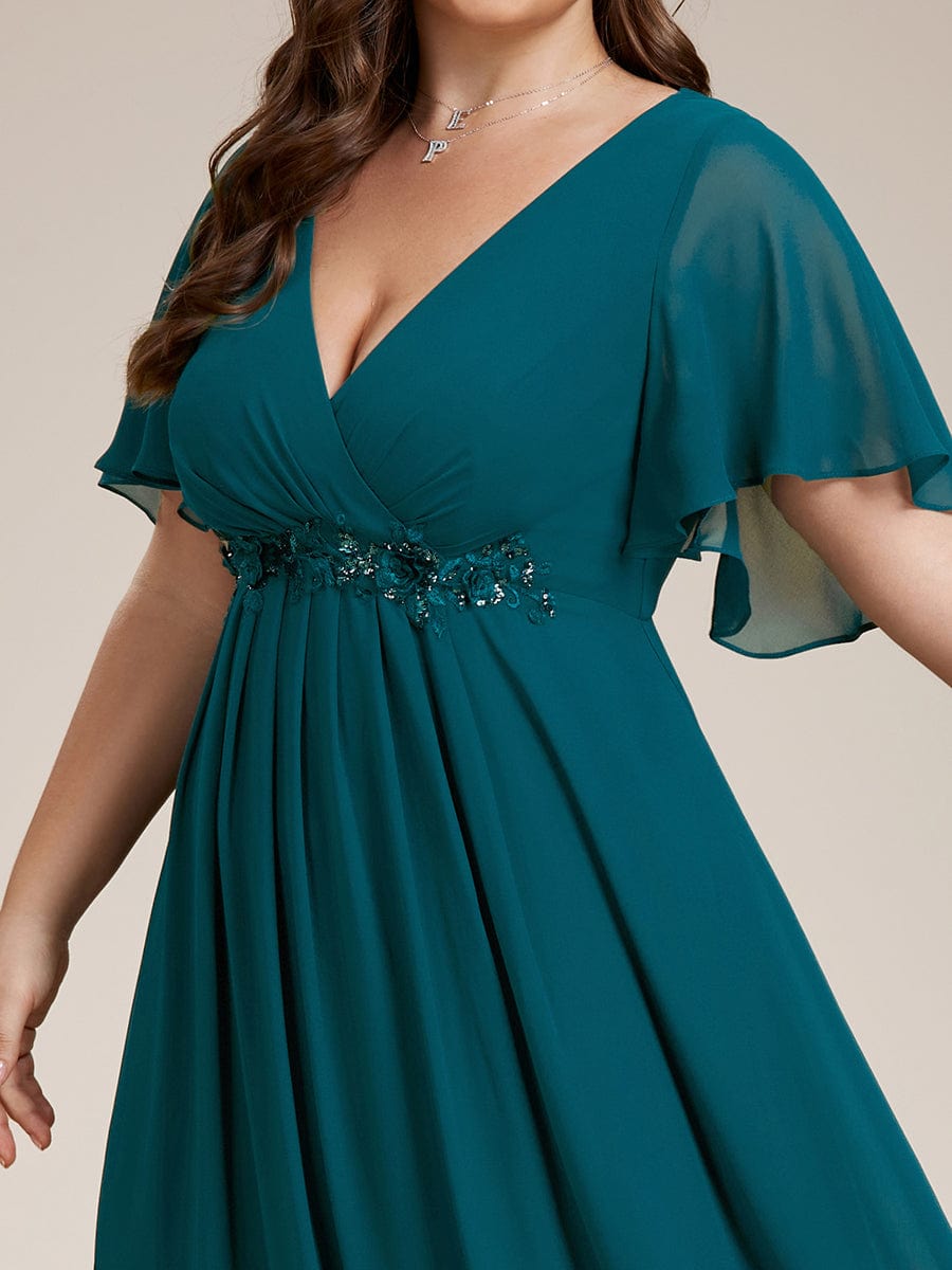 Elegant Chiffon Applique Evening Dress with Flutter Sleeves #color_Teal