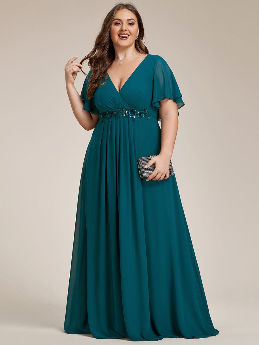 Elegant Chiffon Applique Evening Dress with Flutter Sleeves #color_Teal